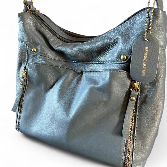 Great American Leather Works Muted Blue Lester Shoulder Bag With Zip Pockets - Picture 2 of 7